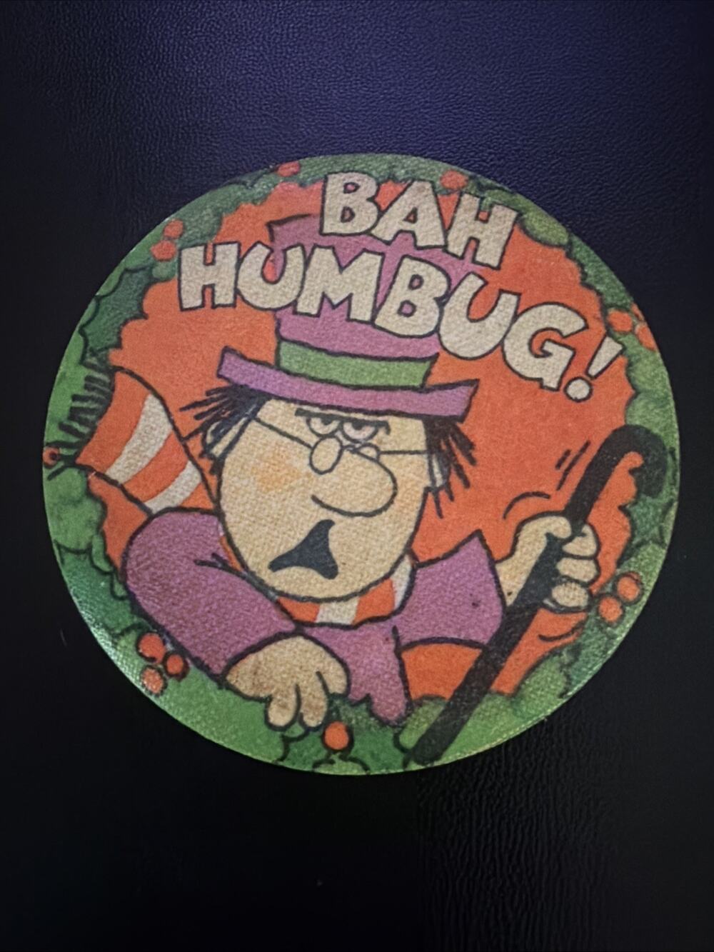 Vintage 1982 Hallmark Christmas Scrooge Bah Humbug Round Button Pin Back